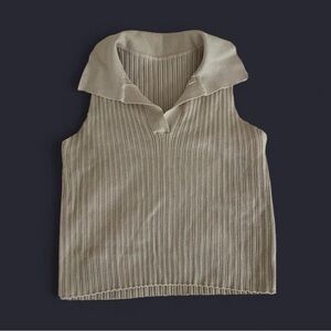 Sleeveless Ribbed Polo Tank Top - Beige